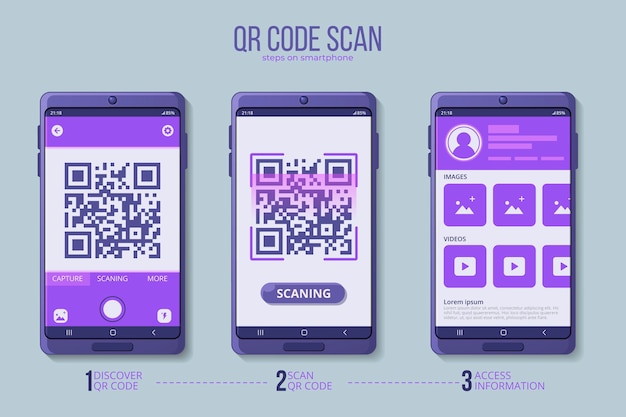 Kostenloser Vektor qr-code-scan-schritte auf dem smartphone