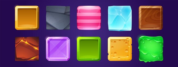 Quadratische Knöpfe mit Holz-, Stein-, Gold- und Eistexturen für das UI-Spieldesign. Vektor-Cartoon-Set aus glänzenden Etiketten aus Käse, lila Kristall, gestreiften Süßigkeiten, Lava und grünem Schleim