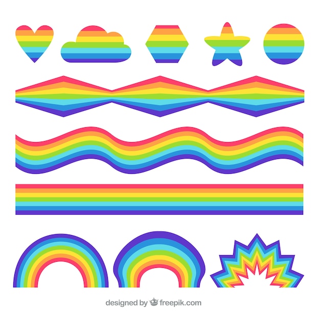 Kostenloser Vektor rainbows sammlung mit verschiedenen formen in flachen syle