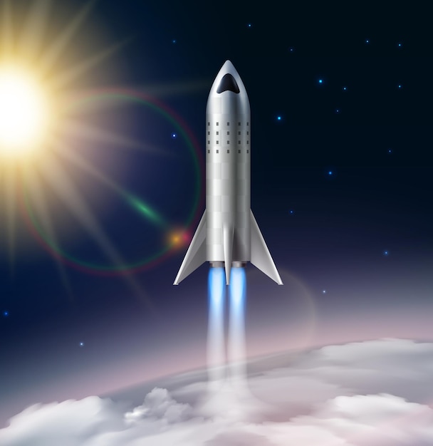 Raketenstartkomposition realistisch mit Blick auf die Stratosphäre mit Sonnensternen und futuristischem Flugraketenbild