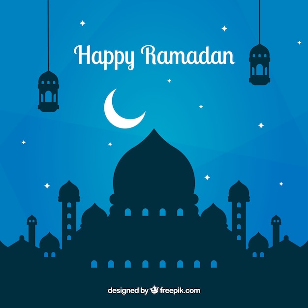 Ramadan-Hintergrund mit Moscheenschattenbild in der flachen Art