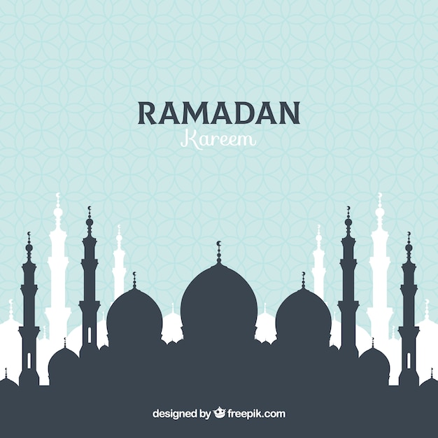 Kostenloser Vektor ramadan-hintergrund mit moscheenschattenbild in der flachen art