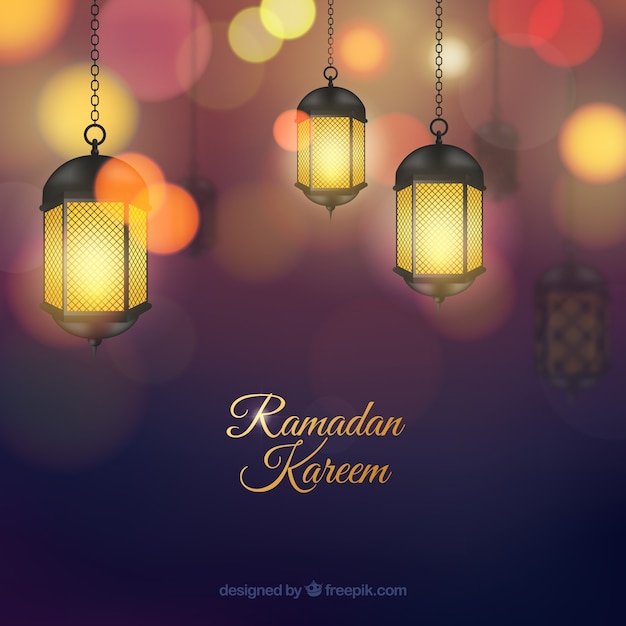 Kostenloser Vektor ramadan-hintergrund mit realistischen lampen