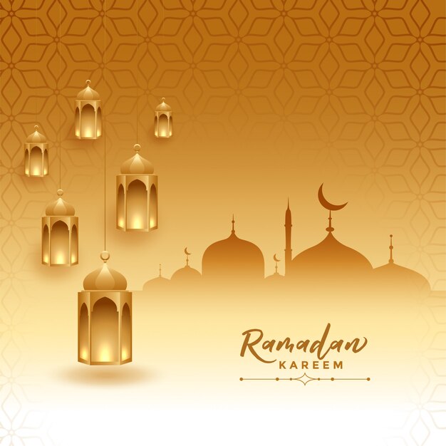 Ramadan Kareem Festivalkarte mit Moschee und Lampen