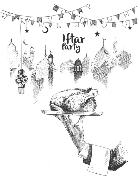 Ramadan Kareem Iftar Partyfeier eid Handgezeichnete Skizze Vektorillustration