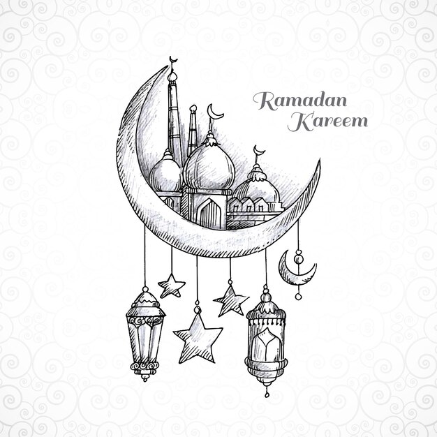 Ramadan Kareem islamischer Mond und Moschee Skizze Kartenhintergrund