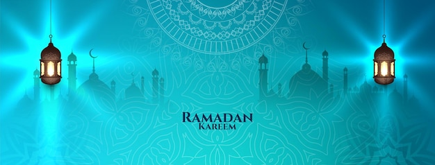 Ramadan kareem islamisches traditionelles glänzendes blaues banner
