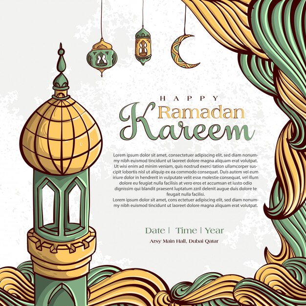 Ramadan Kareem mit Hand gezeichneter islamischer Illustrationsverzierung auf weißem Schmutzhintergrund