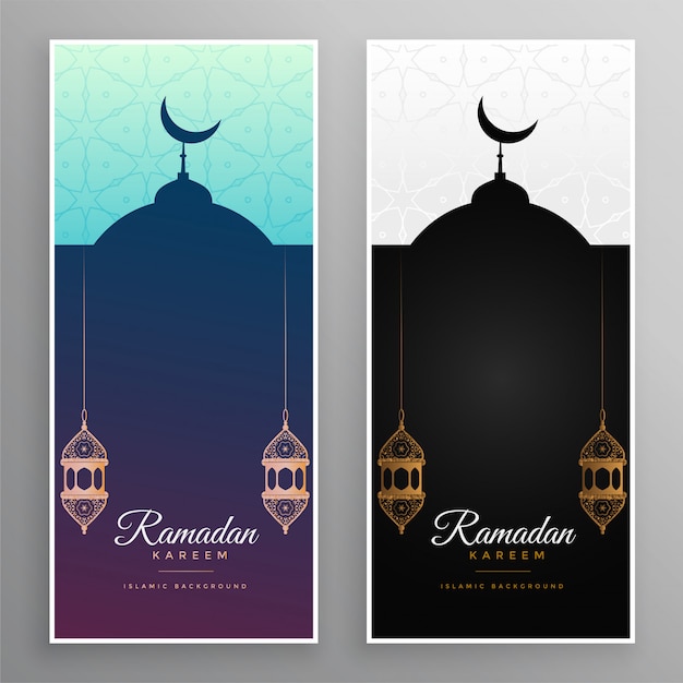 Kostenloser Vektor ramadan-kareem-moschee und lampenfahnendesign