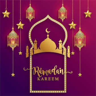 Ramadan kareem, ramadhan oder eid mubarak von muslimen, die den islamischen hintergrund mit goldmustern und kristallen auf papierfarbhintergrund grüßen. (übersetzung: ramadan kareem)