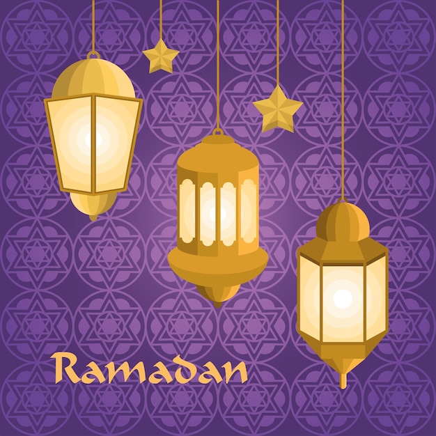 Kostenloser Vektor ramadan kareem-schriftzug mit lampen