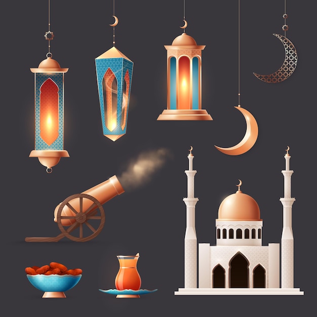 Kostenloser Vektor ramadan realistischer satz isolierter symbole mit hängenden laternen, monden, speisen, getränken und kanonenvektorillustration des moscheengebäudes