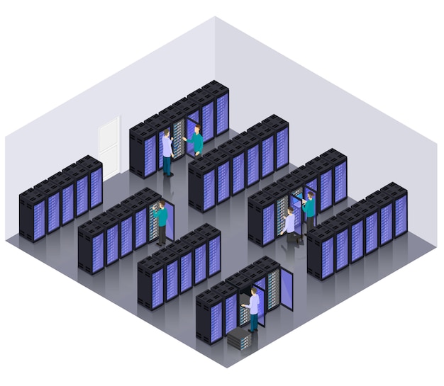 Kostenloser Vektor raumkonzept für isometrische rechenzentrums-hosting-server