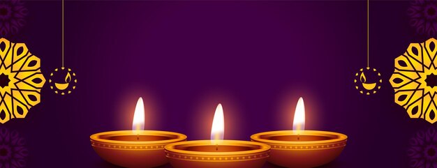 realistisch leuchtendes Diya- und Textraum-Lila-Banner für das Diwali-Fest