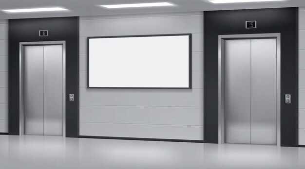 Realistische Aufzüge mit geschlossenen Türen und Werbeplakat an der Wand. Büro oder moderner Hotelflur, leeres Innenraum der Lobby mit Aufzügen und leerer Anzeige, 3d Vektorillustration
