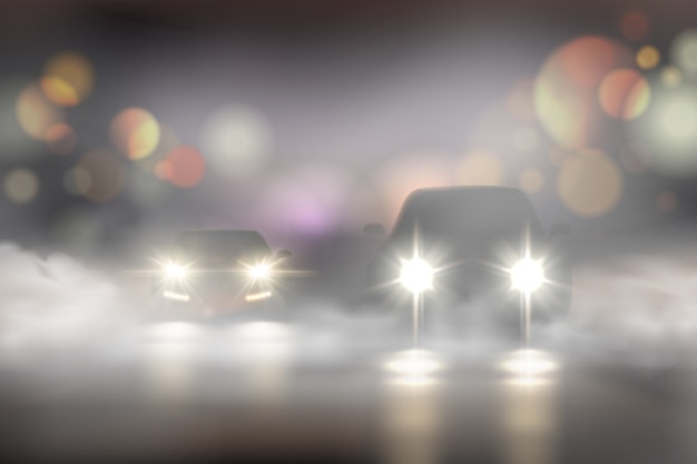 Realistische autolichter in der nebelzusammensetzung mit zwei autos auf der straße und bokeh-texturillustration