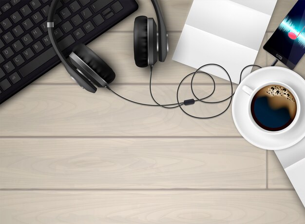 Realistische Begriffszusammensetzung der Kopfhörerkopfhörer mit Draufsicht des Arbeitsplatzes mit Kaffeetastatur und Musikspielerillustration