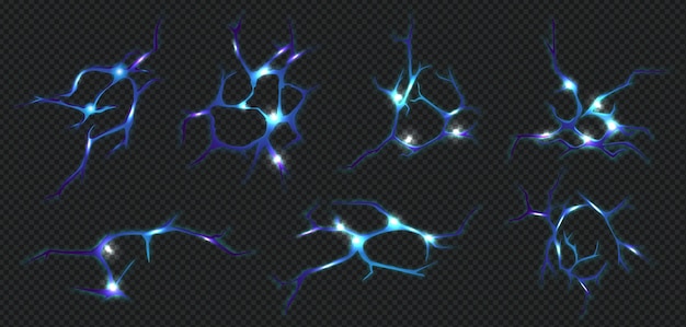 Kostenloser Vektor realistische bodenrisse mit unscharfen, farbigen neuronenbruchbildern mit leuchtenden abschnitten auf dunkler hintergrundvektorillustration