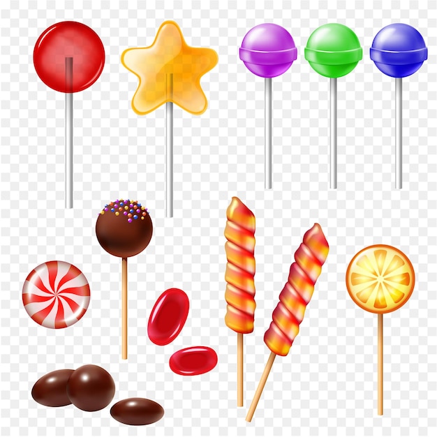 Realistische bonbons mit isolierten bildern von lutscherbonbons mit bunten sticksbonbons auf transparenter hintergrundvektorillustration