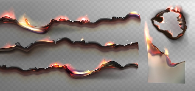 Realistische Brandpapierränder und Löcher mit Feuer