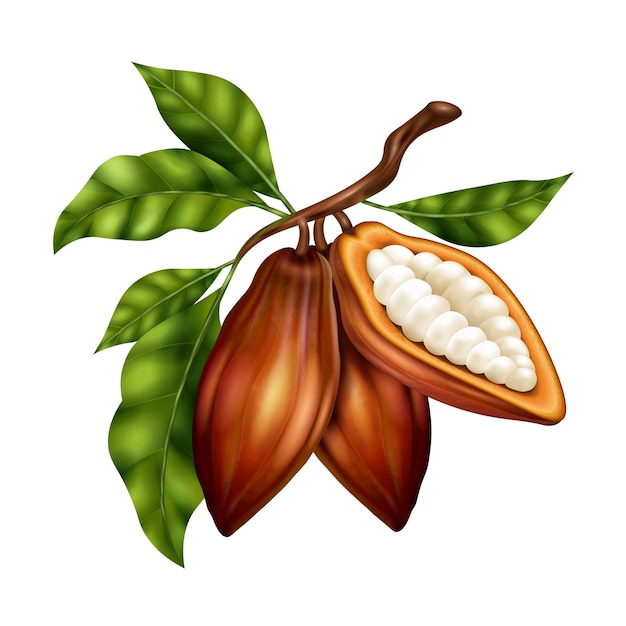 Realistische braune Kakaobohnen auf grünem Zweig vor weißem Hintergrund