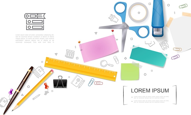 Kostenloser Vektor realistische bürobriefpapierschablone mit schere gefüllt hefterstift bleistiftlineal druckstifte notizaufkleber binderclip und stationäre symbole illustration,