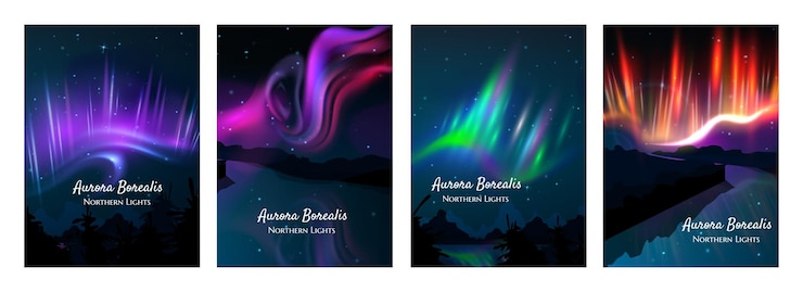 Kostenlose Vektor realistische bunte plakate der nordlichter, die mit purpurroter grüner und orangefarbener lumineszenz lokalisierte vektorillustration eingestellt werden