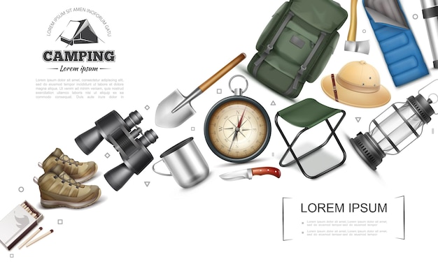 Kostenloser Vektor realistische camping elemente sammlung mit fernglas passt tasse tragbaren stuhl zelt thermos laterne schaufel axt stiefel kompass panama hut messer rucksack