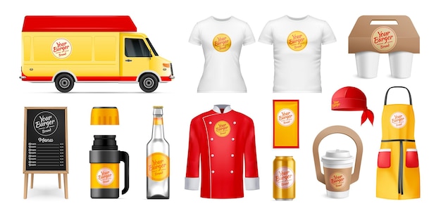 Kostenloser Vektor realistische corporate identity fast-food-restaurant-mockup-set mit verpackungsvorlagen einheitlicher lieferwagen isolierte vektorillustration