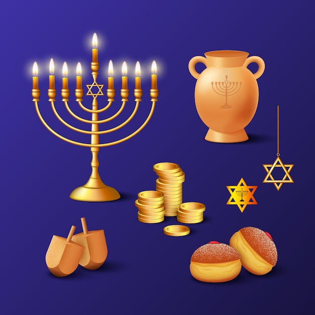 Realistische designelemente-kollektion für die jüdische hanukkah-feier