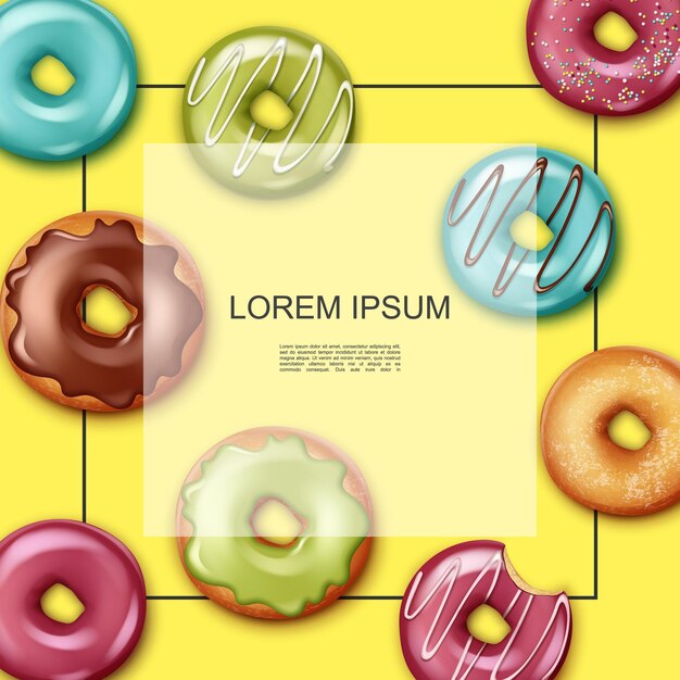 Realistische Desserts Premium-Vorlage mit Rahmen für Text bunte Donuts mit verschiedenen Zutaten und Aromen auf gelbem Hintergrund Illustration