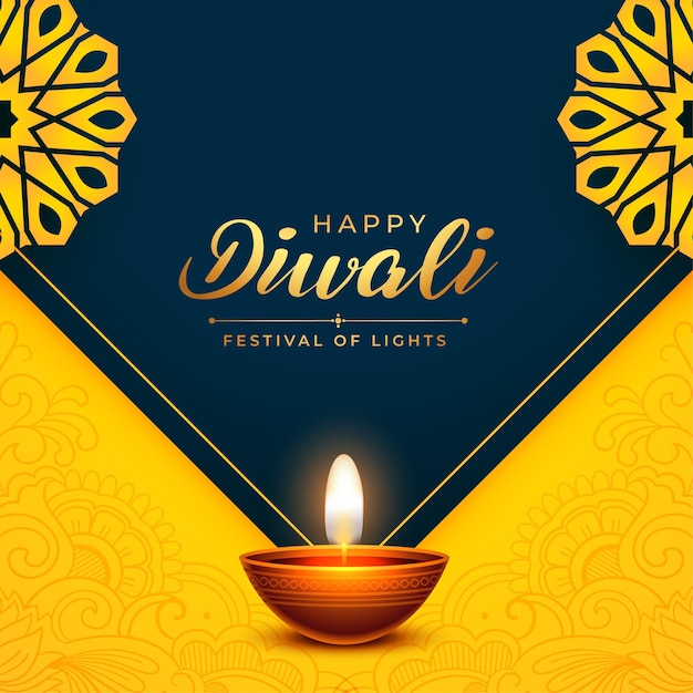 Kostenloser Vektor realistische diya auf gelbem hintergrund für das diwali-lichterfest