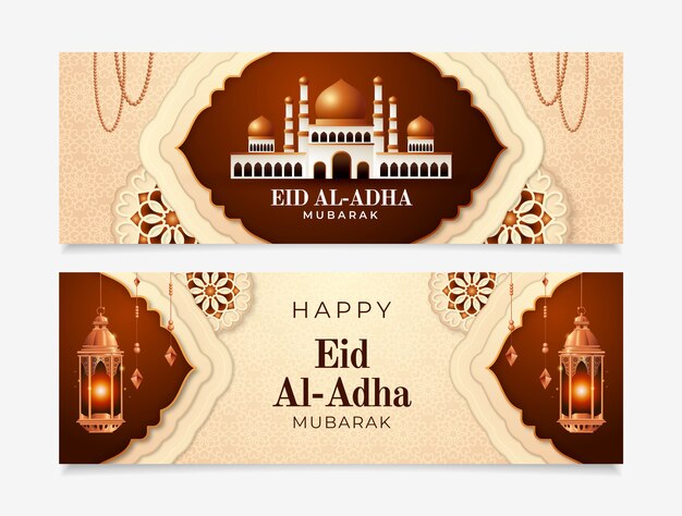 Realistische eid al-adha horizontale banner mit laternen und palast