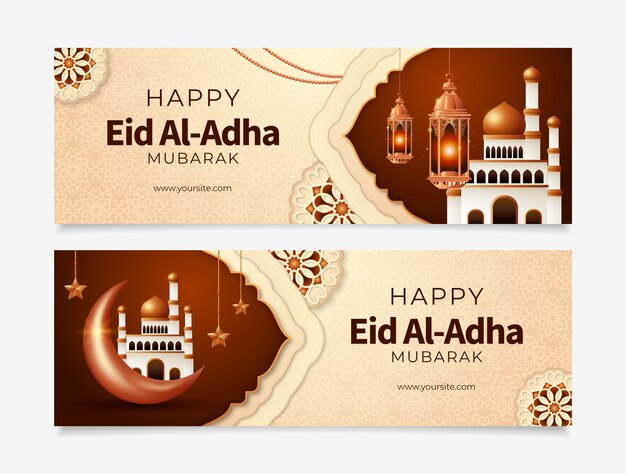 Realistische eid al-adha horizontale banner mit laternen und palast