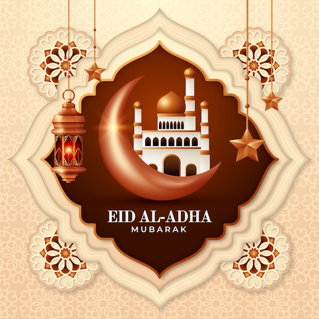 Realistische eid al-adha-illustration mit palast und laternen