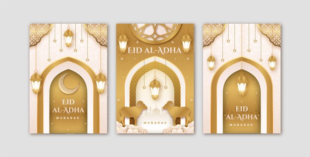 Realistische eid al-adha mubarak grußkartensammlung mit tieren