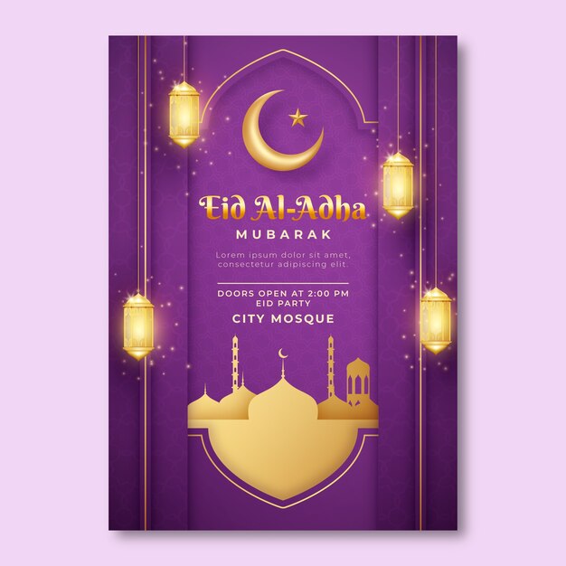 Realistische eid al-adha vertikale plakatvorlage mit halbmond und laternen