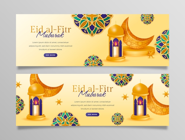 Realistische eid al-fitr horizontale banner gesetzt