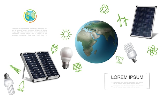 Realistische Energie sparen Vorlage mit Erdplaneten Sonnenkollektoren Glühbirnen Strom und Energie grüne Symbole