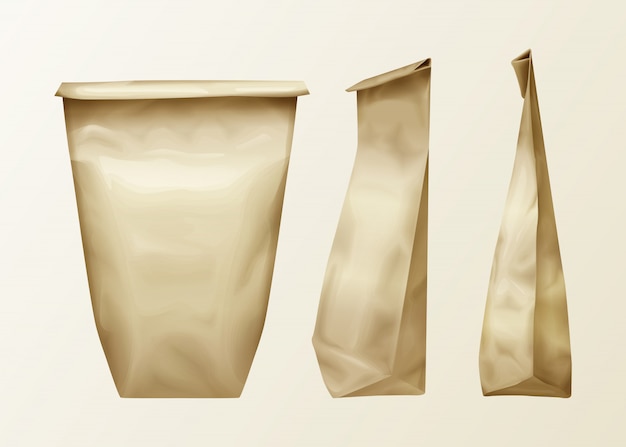 Realistische faltige papiertüte verschiedene ansicht eingestellt. lunch pack oder food snack, küchenzutaten