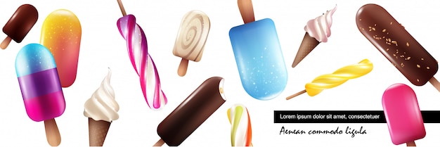Realistische frische Eiscremesammlung mit hellen bunten Eiscremes verschiedener Sorten auf weißem Hintergrund