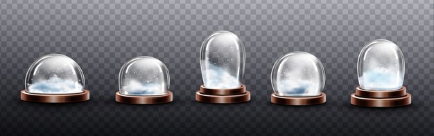 Realistische Glaskuppeln mit Schnee, Weihnachtskugel-Souvenirs, isolierten Kristallhalbkugelbehältern auf Kupfer- oder Messingboden verschiedener Form und Größe. Festliches Weihnachtsgeschenk Modell, realistisches 3D-Set