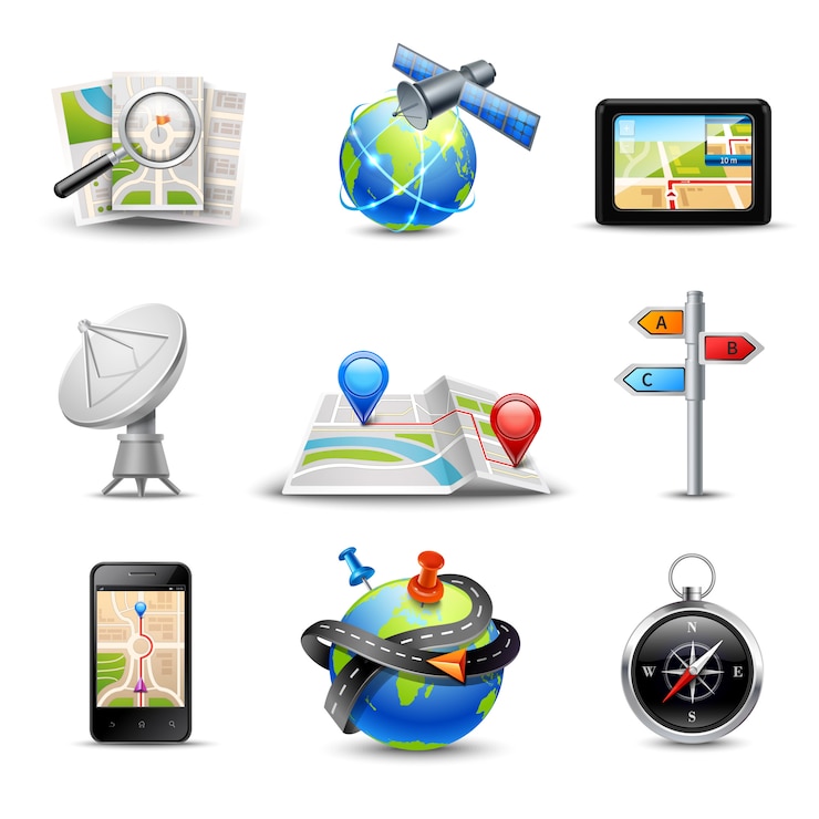 Kostenlose Vektor realistische gps-routensuche und navigationssymbole eingestellt