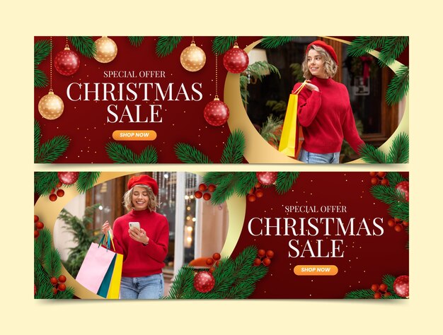 Realistische horizontale Bannervorlage für die Weihnachtsfeier mit Kugeln