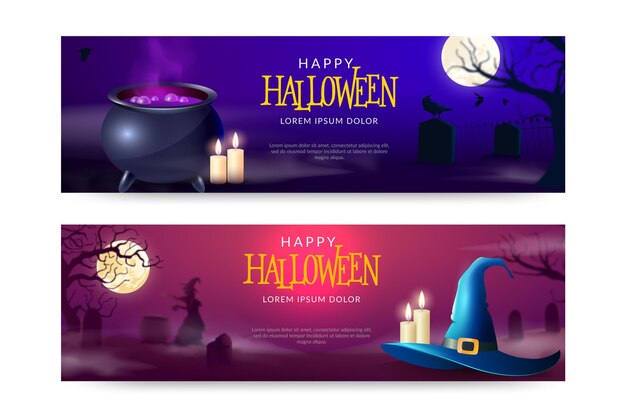 Realistische horizontale verkaufsfahnen für halloween eingestellt