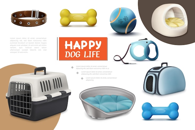 Realistische hundeartikelzusammensetzung mit reiseträgerleine welpenbettenknochenhalsbandball