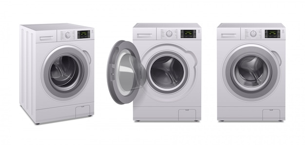 Realistische ikone der waschmaschine stellte drei produkt von haushaltsgeräten in unterschiedlicher position ein