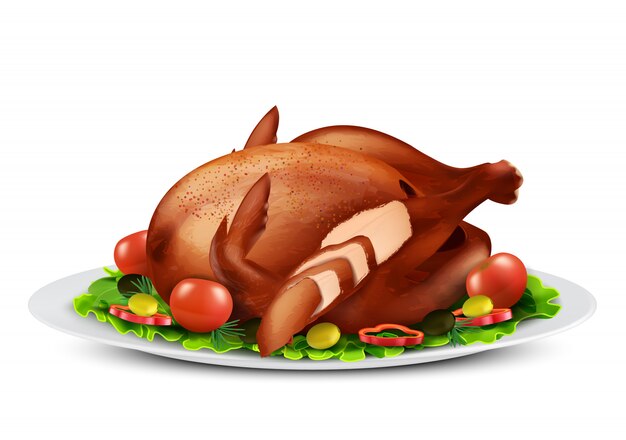 Realistische Illustration des gebratenen Truthahns oder des gegrillten Huhns mit Scheiben, Gewürzen und Gemüse