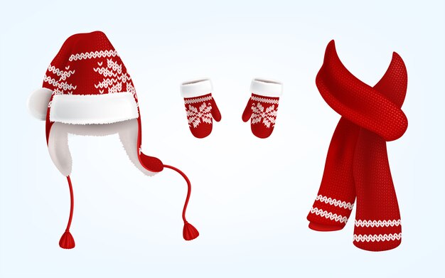 realistische Illustration gestrickter Sankt-Hut mit earflaps, roten Handschuhen und Schal