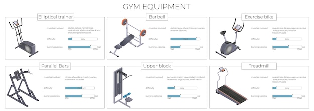 Realistische infografik mit informationen über die beliebtesten fitnessgeräte, crosstrainer, laufband und langhantel, vektorillustration